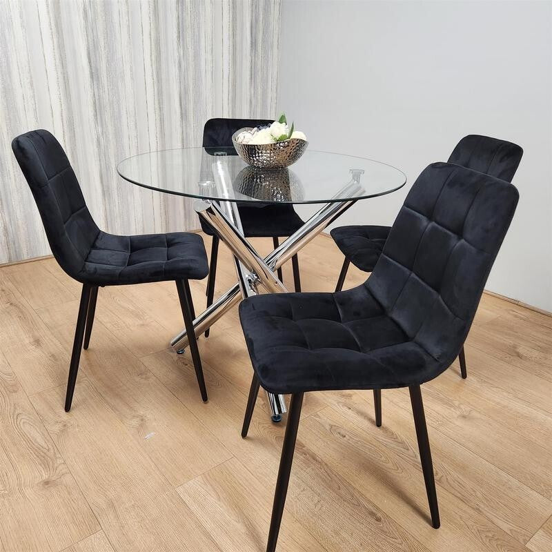 Round Glass Dining Table Set with 4 Black Velvet Chairs Chrome Legs