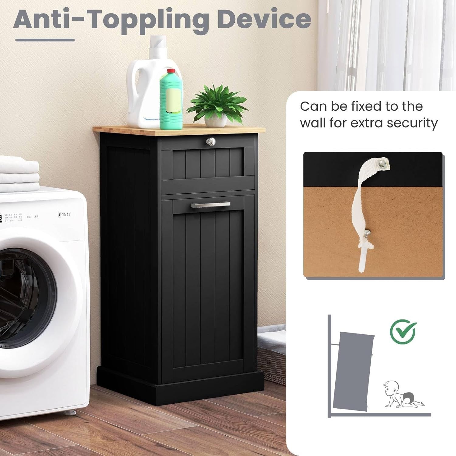 Black Tilt-Out Laundry Hamper Cabinet with Drawer 30L Basket Bathroom Unit