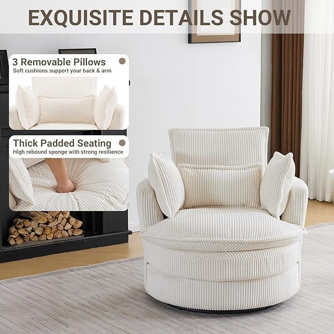 White Swivel Barrel Accent Chair 360° Rotating Cuddle Tub Armchair