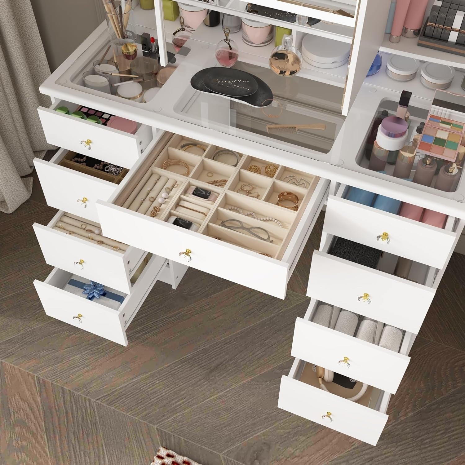 White Modern Vanity Desk Makeup Table LED Mirror 9 Drawers Glass Top Storage
