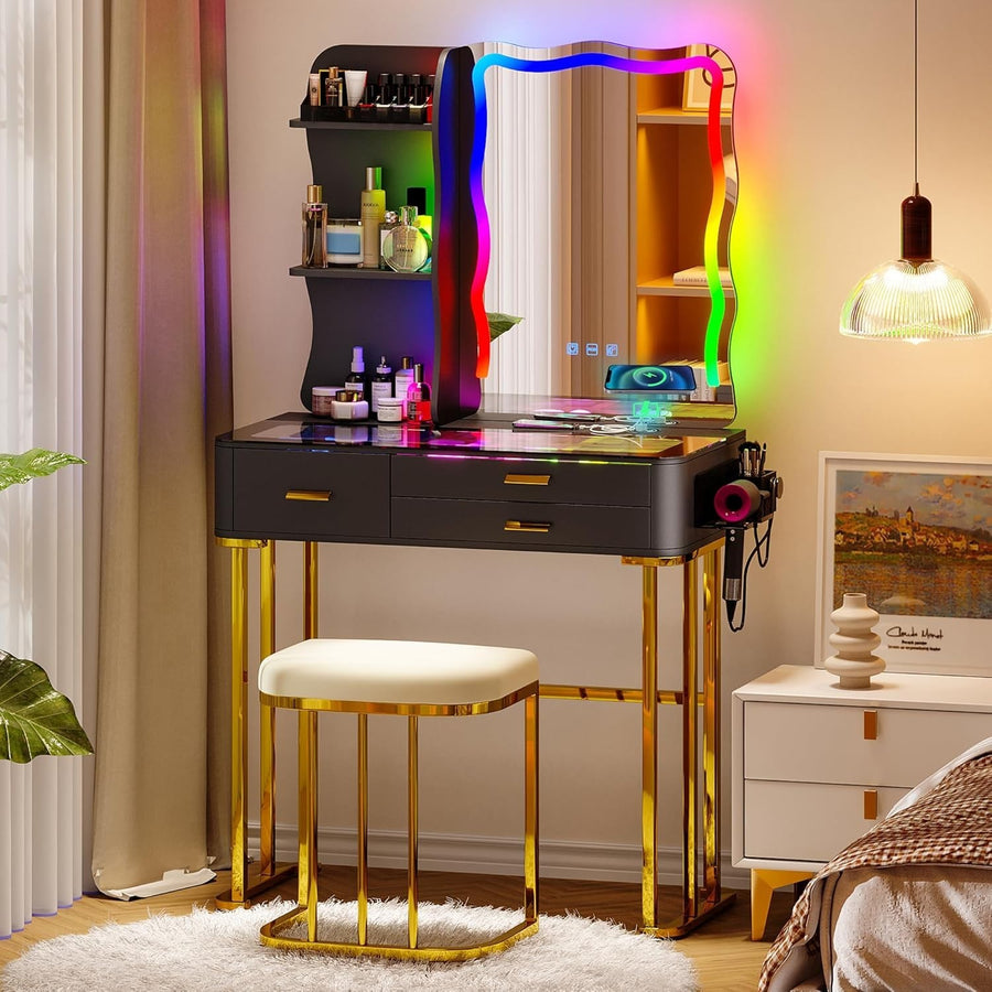 Vanity Dressing Table RGB LED Sensor Light Glass Top 5 Drawers Wireless Charging