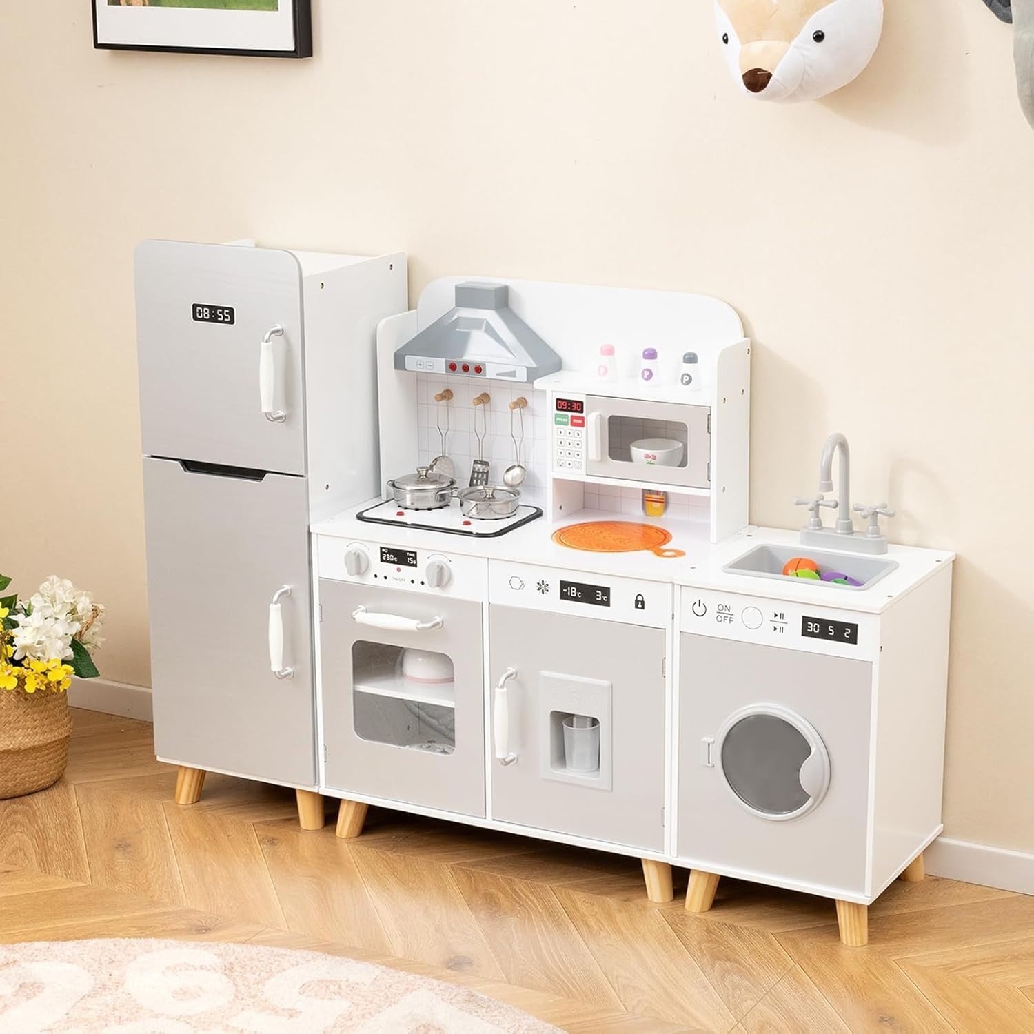 Large Wooden Kids Play Kitchen Set Light Sound Fridge Washer Microwave
