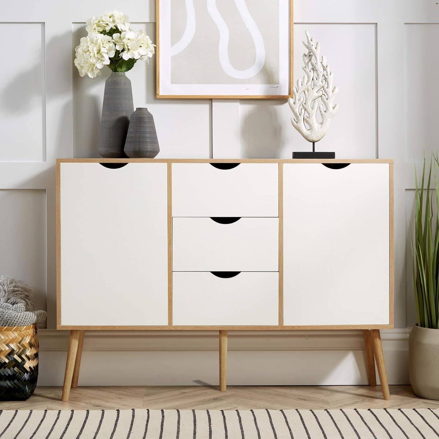 Scandi Oak Effect Sideboard Cabinet with 3 Drawers 2 Doors for Living Room