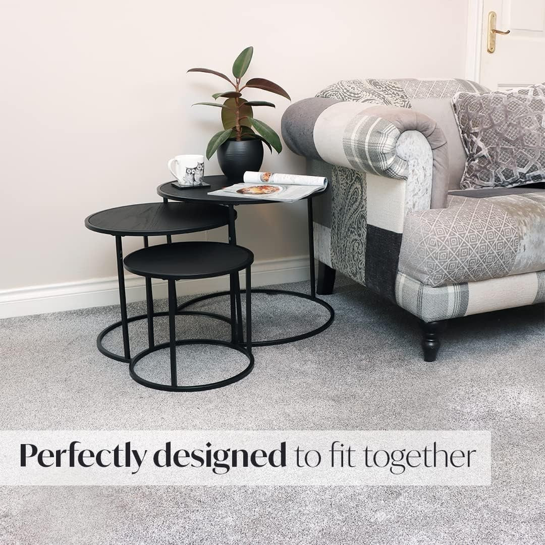 Set of 3 Black Wood Look Nesting Tables Round Coffee End Side Accent Space Savin