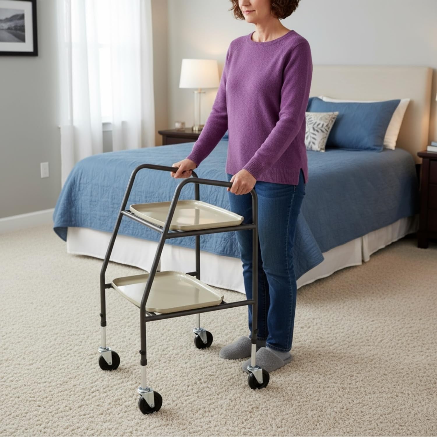 Home Helper Mobility Trolley with Wheels Height Adjustable Walking Aid Trays