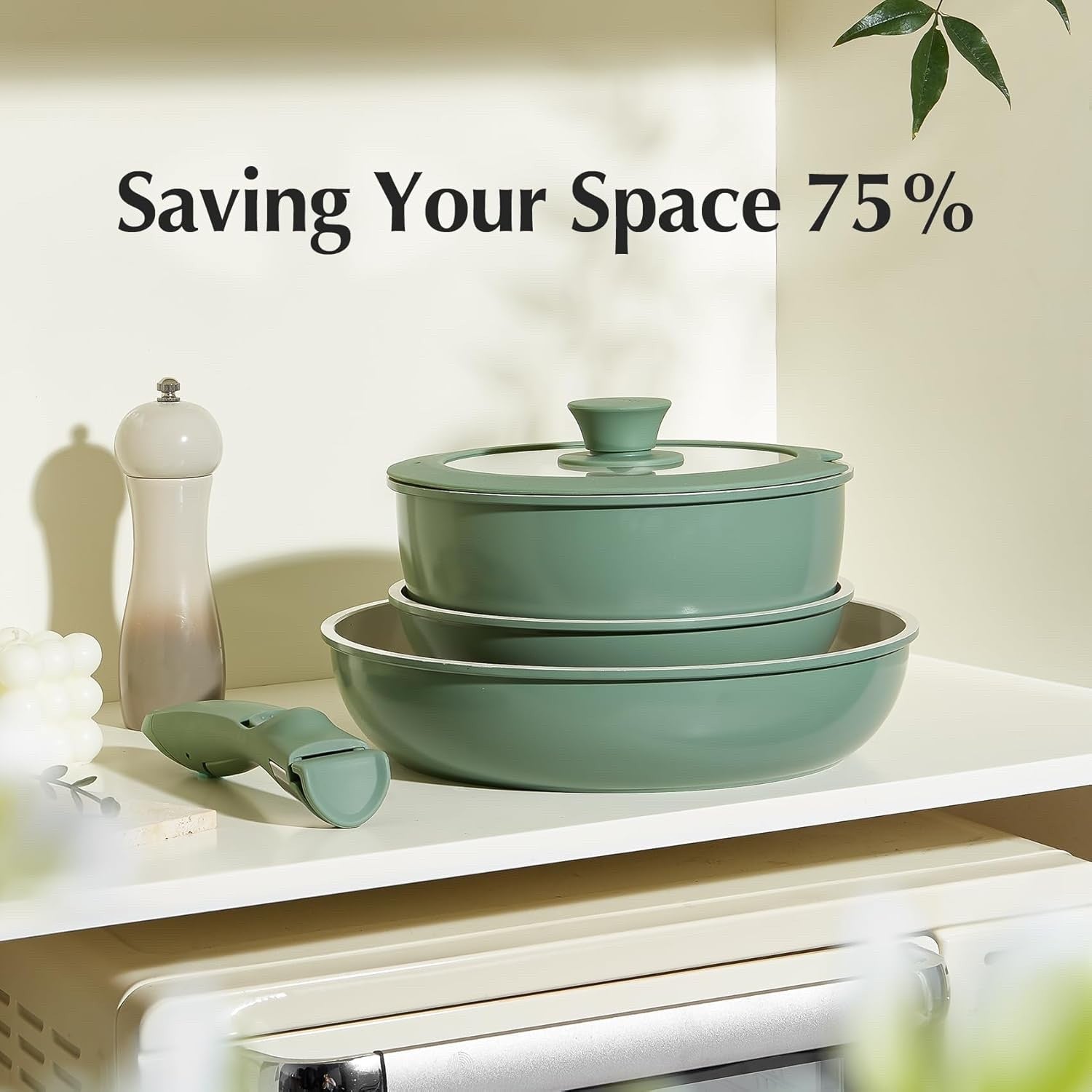 5pcs Green Non Stick Ceramic Cookware Set with Detachable Handle Induction Safe