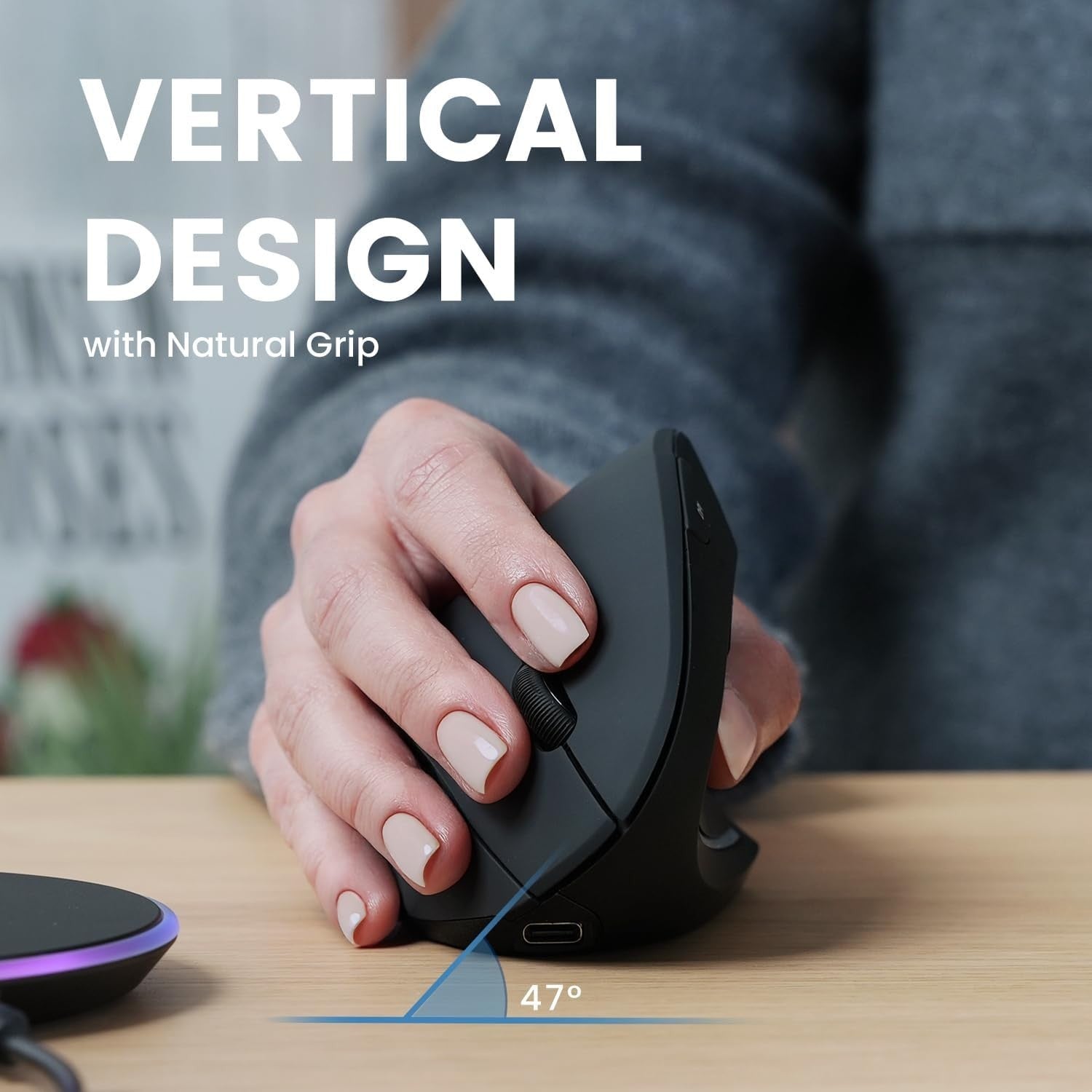 Vertical Ergonomic Wireless Mouse Rechargeable 6 Button 47° Grip