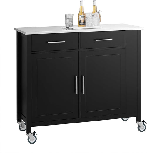 Black Kitchen Island Trolley Cart with Drawers & Steel Top 107x46x94cm