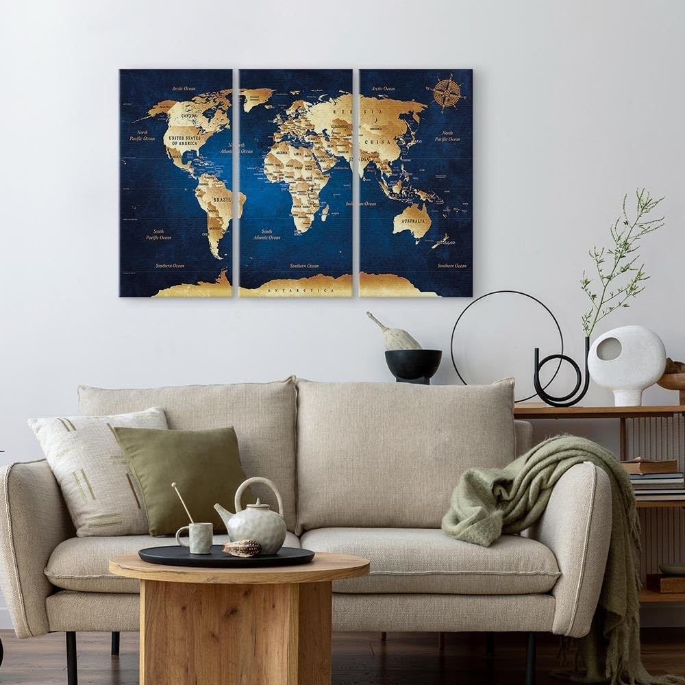 World Map Canvas Wall Art 3 Panel Large Wall Decor Modern Home Office Print