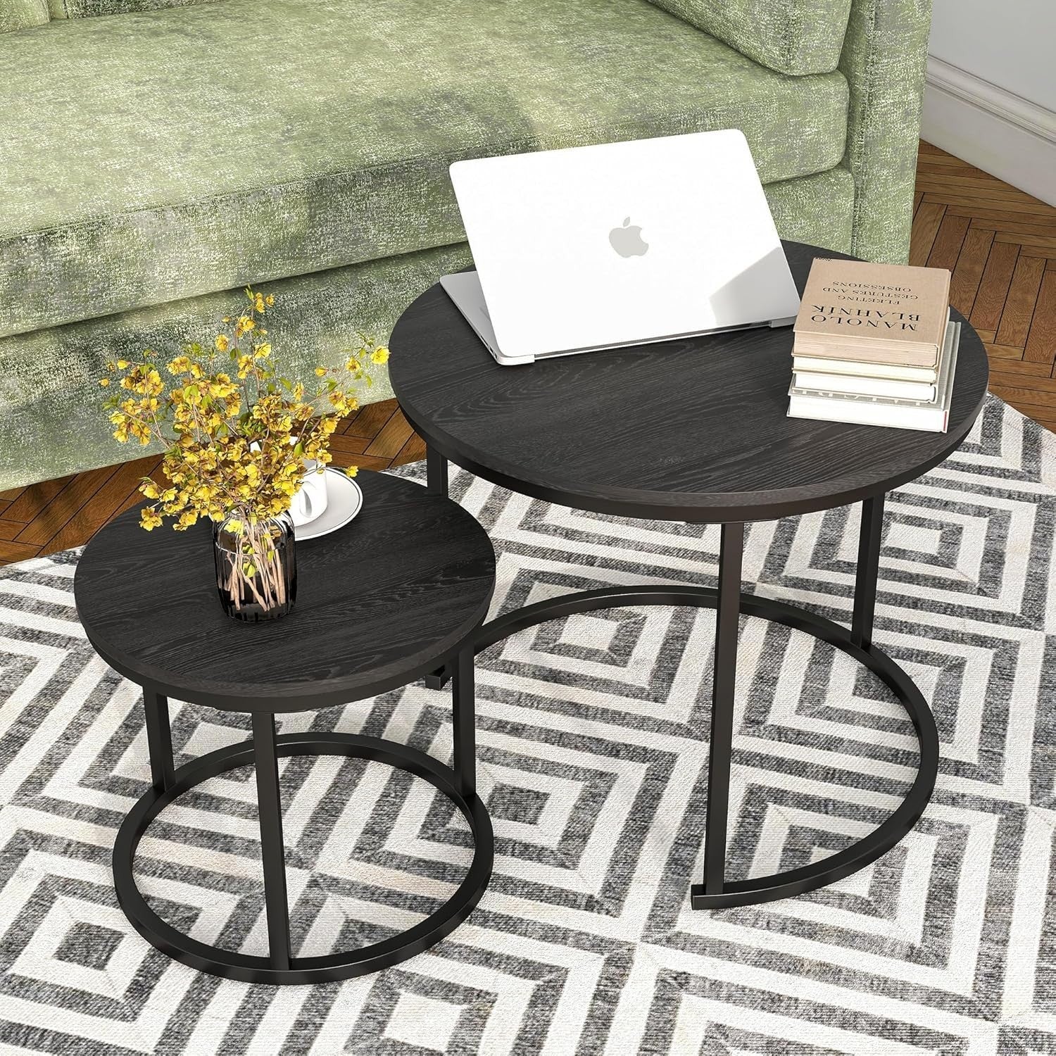 Set of 2 Black Nesting Coffee Tables Side End Stackable Round Living Room Modern