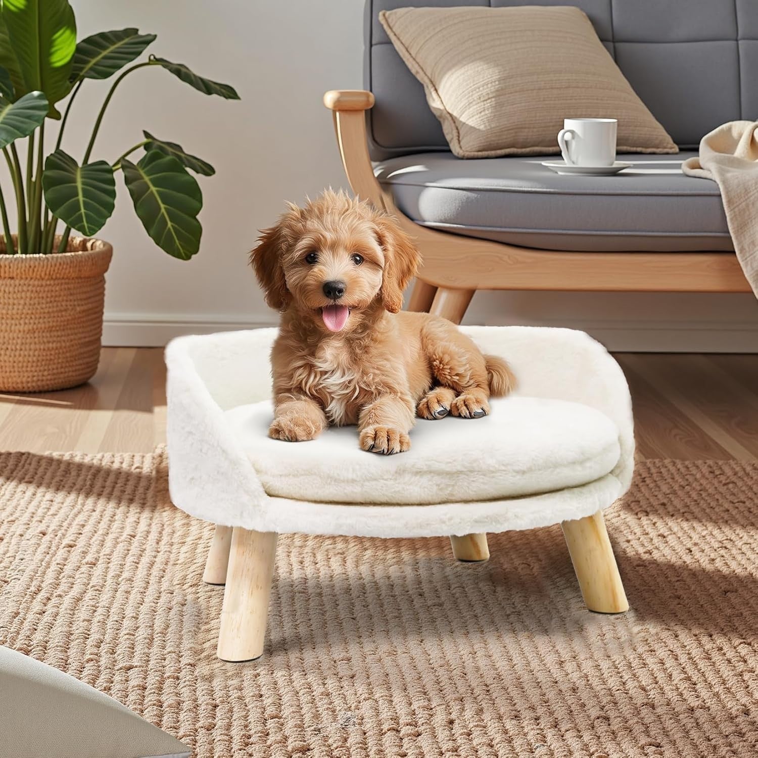 Elevated Cat Sofa Chair Bed 50cm Plush Pet Stool w Wooden Legs