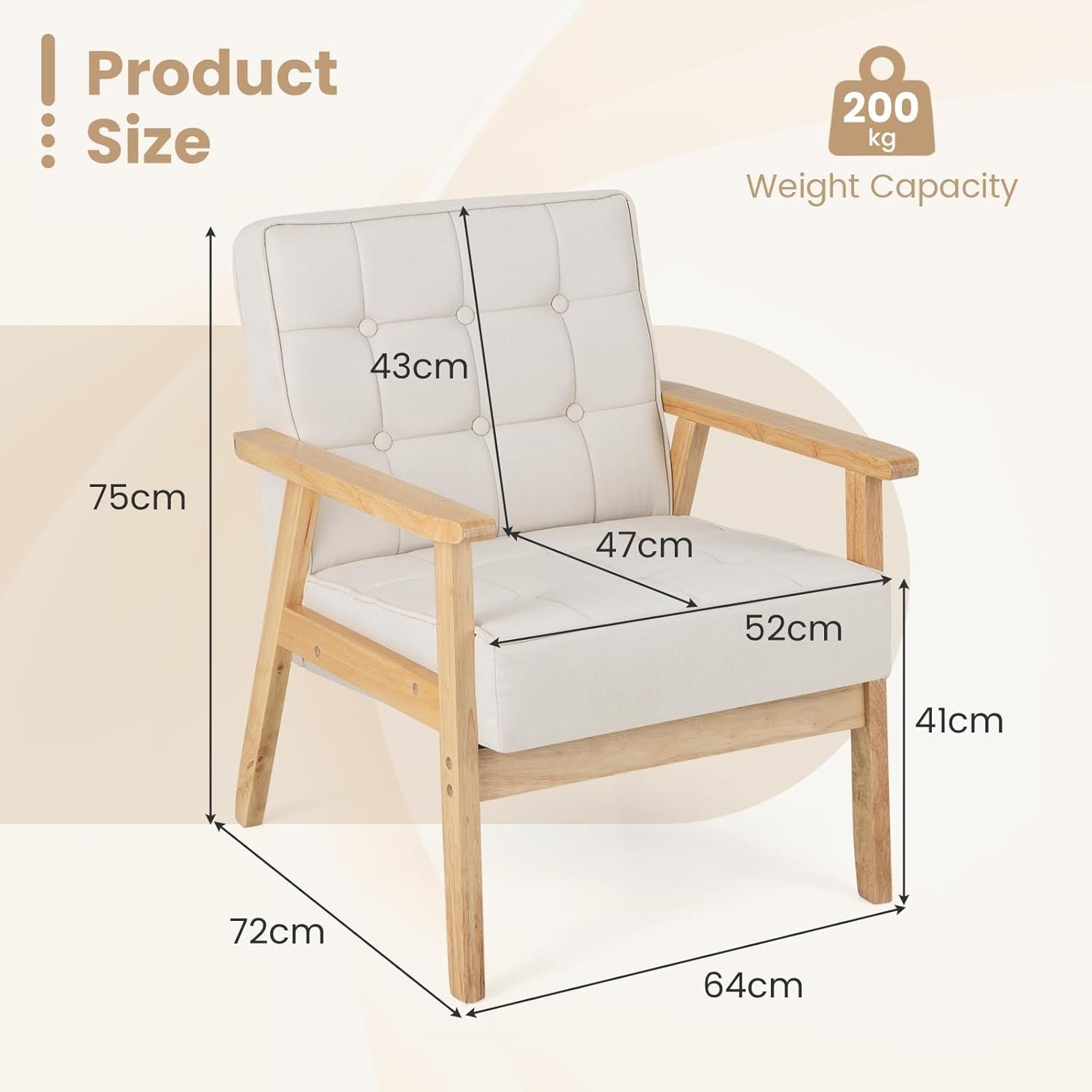 Beige Fabric Armchair Wooden Frame Tufted Lounge Chair Living Room