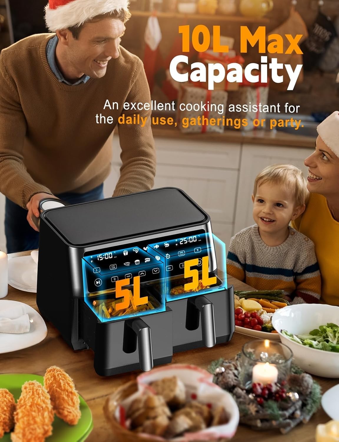 10L Dual Air Fryer Rapid Cook Energy Saving 3D Heat Circulation Large Capacity