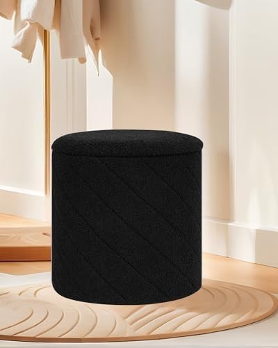 Black Round Storage Ottoman Footstool 3-in-1 Seat with Lid 43x43x45cm