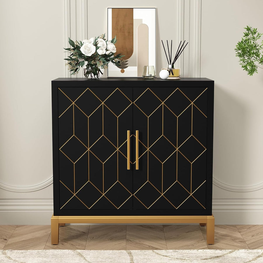 Modern Black Sideboard Cabinet Gold Legs 2 Door Storage Unit Hallway