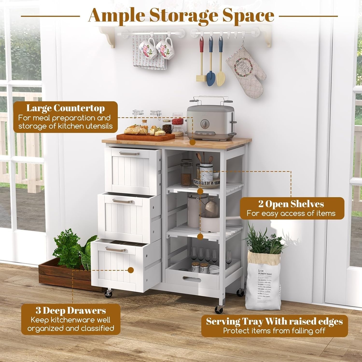 Rolling Kitchen Storage Trolley with Worktop, 3 Drawers & Shelves – Mobile Utili