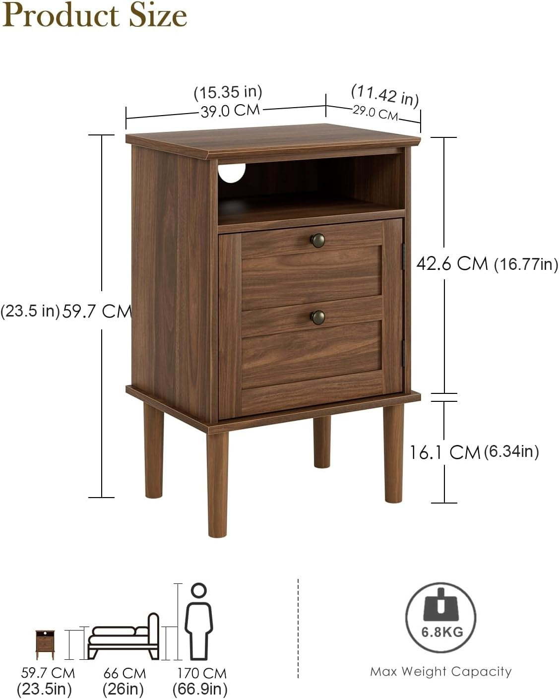 Walnut Wooden Bedside Table with Door & Open Shelf | Vintage Farmhouse