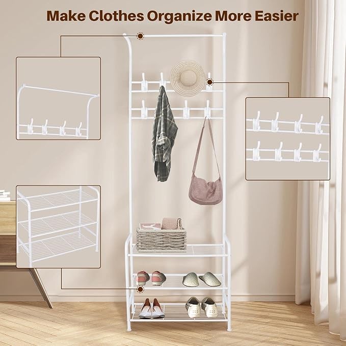 Freestanding Coat Rack with Shoe Shelf & 16 Hooks | White Metal Hall Tree