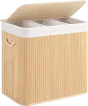 150L Bamboo Laundry Hamper with Lid 3-Section Foldable Clothes Basket Beige