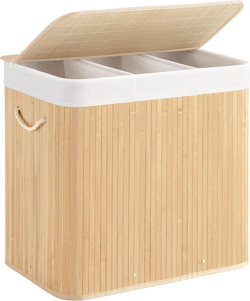 150L Bamboo Laundry Hamper with Lid 3-Section Foldable Clothes Basket Beige