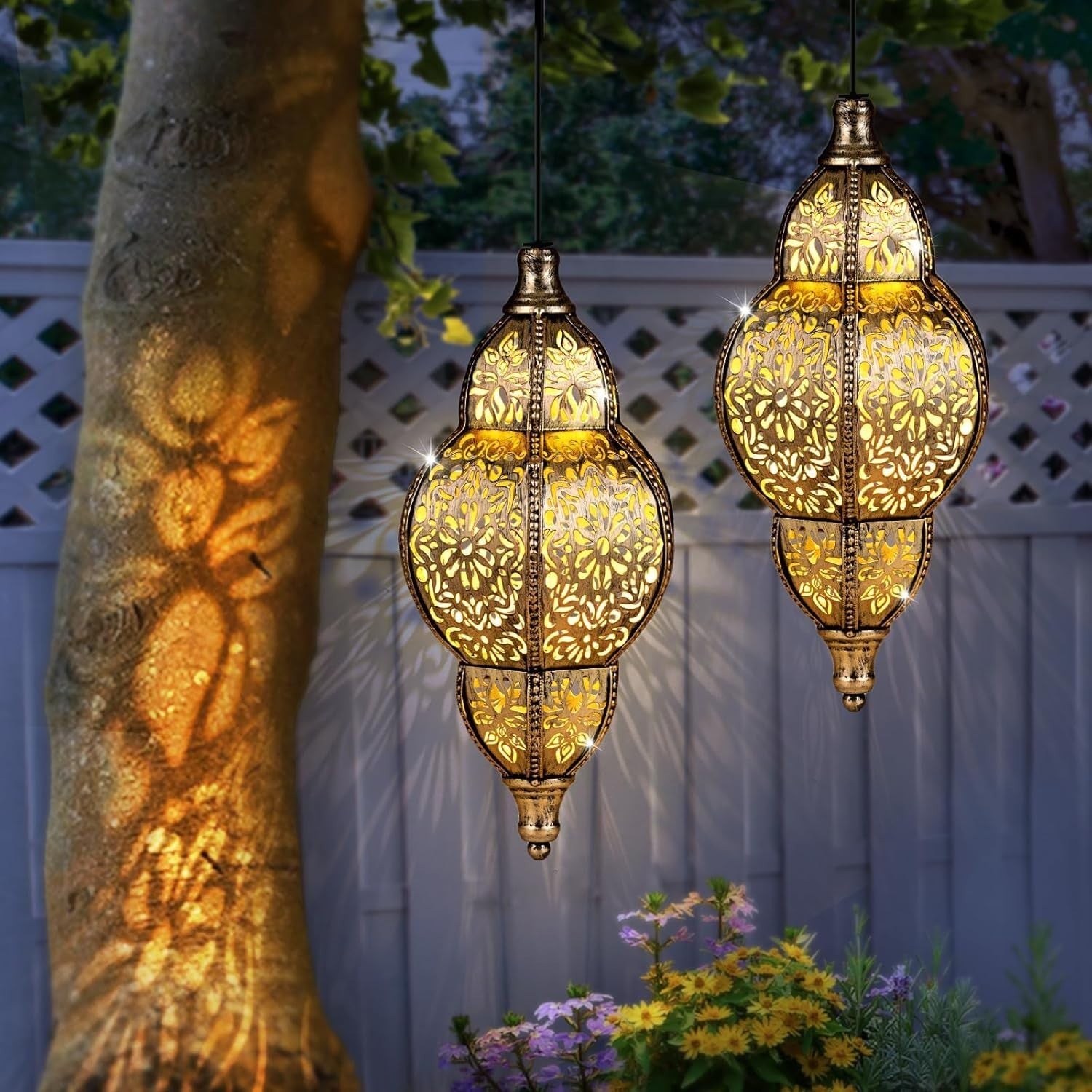Solar Lantern Outdoor Decor, Gold Waterproof Solar Lights for Garden & Patio
