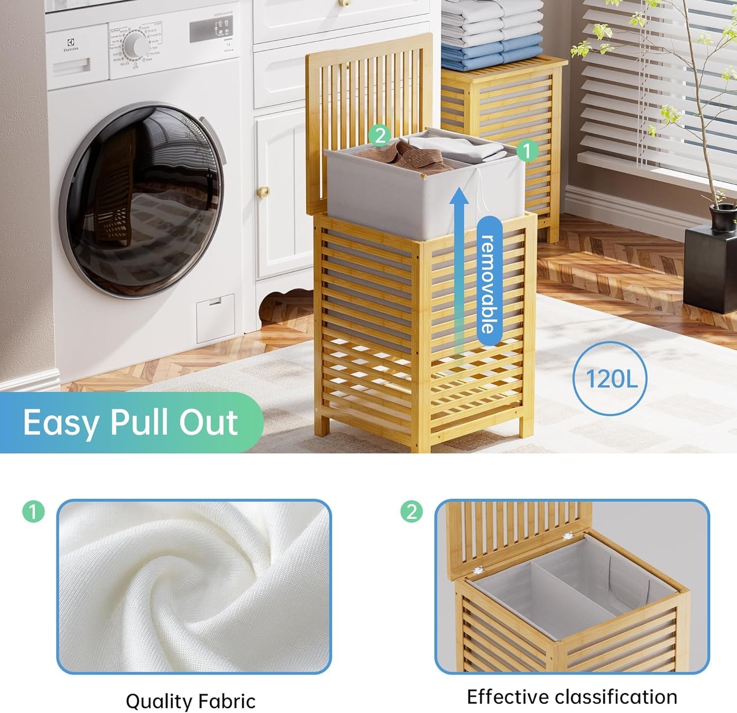 Natural Bamboo Double Laundry Hamper with Lid 120L 2 Section Basket 47x47x65cm