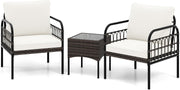 3pc Outdoor Rattan Bistro Set Cushioned Chairs Glass Table Patio Balcony