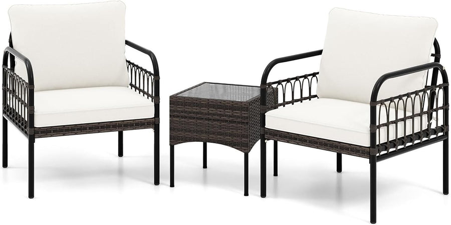 3pc Outdoor Rattan Bistro Set Cushioned Chairs Glass Table Patio Balcony