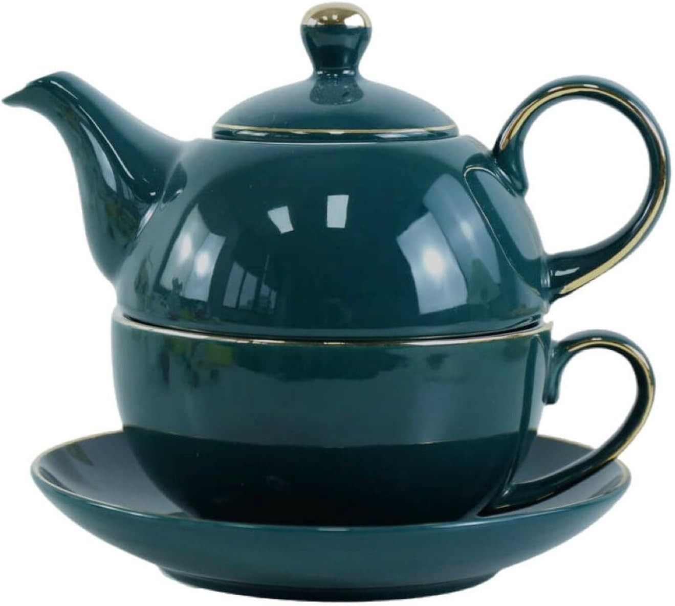 Tea For One Set Peacock Green Teapot Cup Saucer Ceramic Gift 350ml