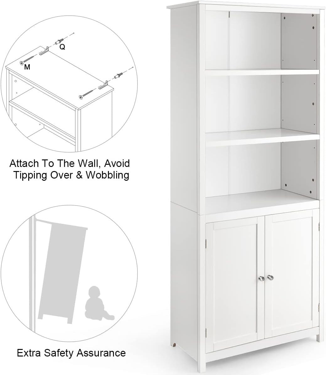 White Wooden Storage Cabinet with 3 Open Shelves & 2 Doors for Home