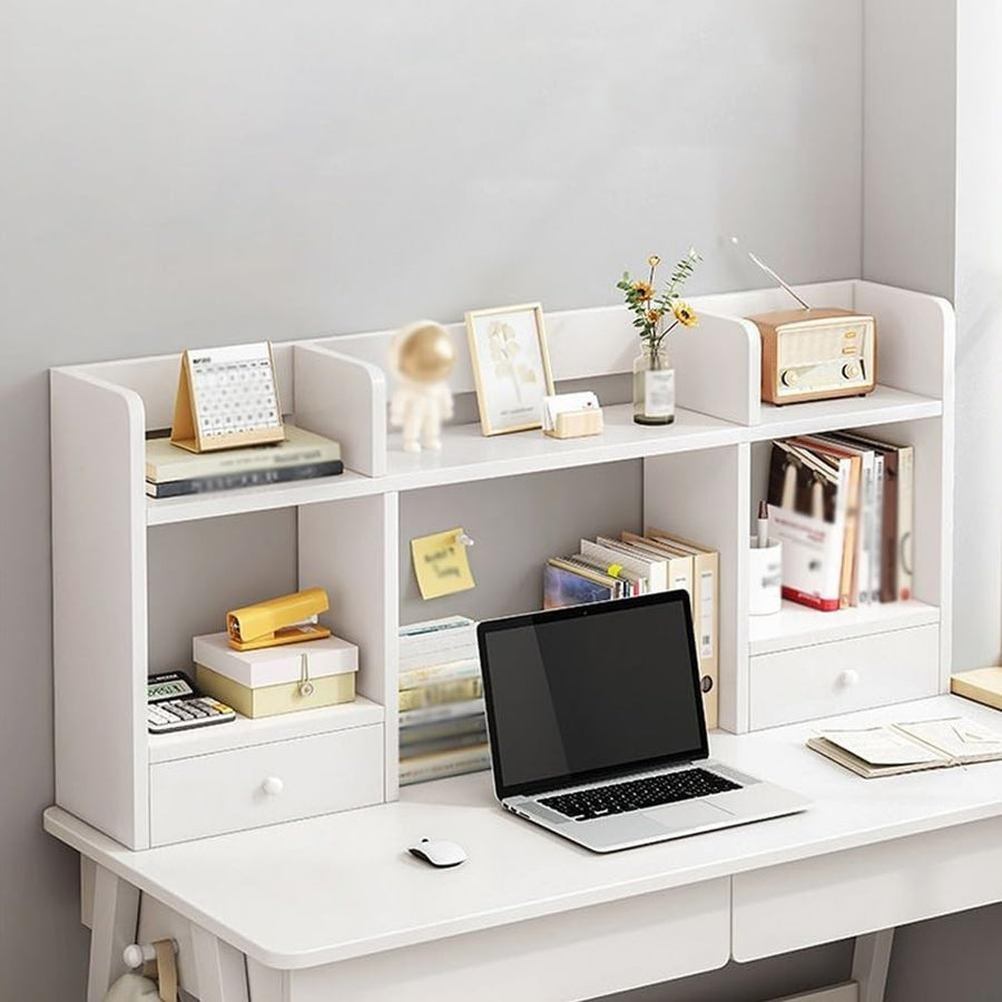 3-Tier Wood Desk Hutch Organizer w/ Drawers | White Desktop Bookshelf 80x16x52cm