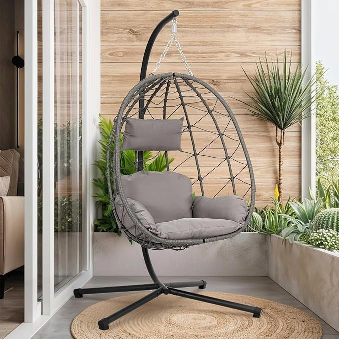Hanging Egg Chair with Stand Rattan Swing Seat Cushion Indoor Outdoor Patio