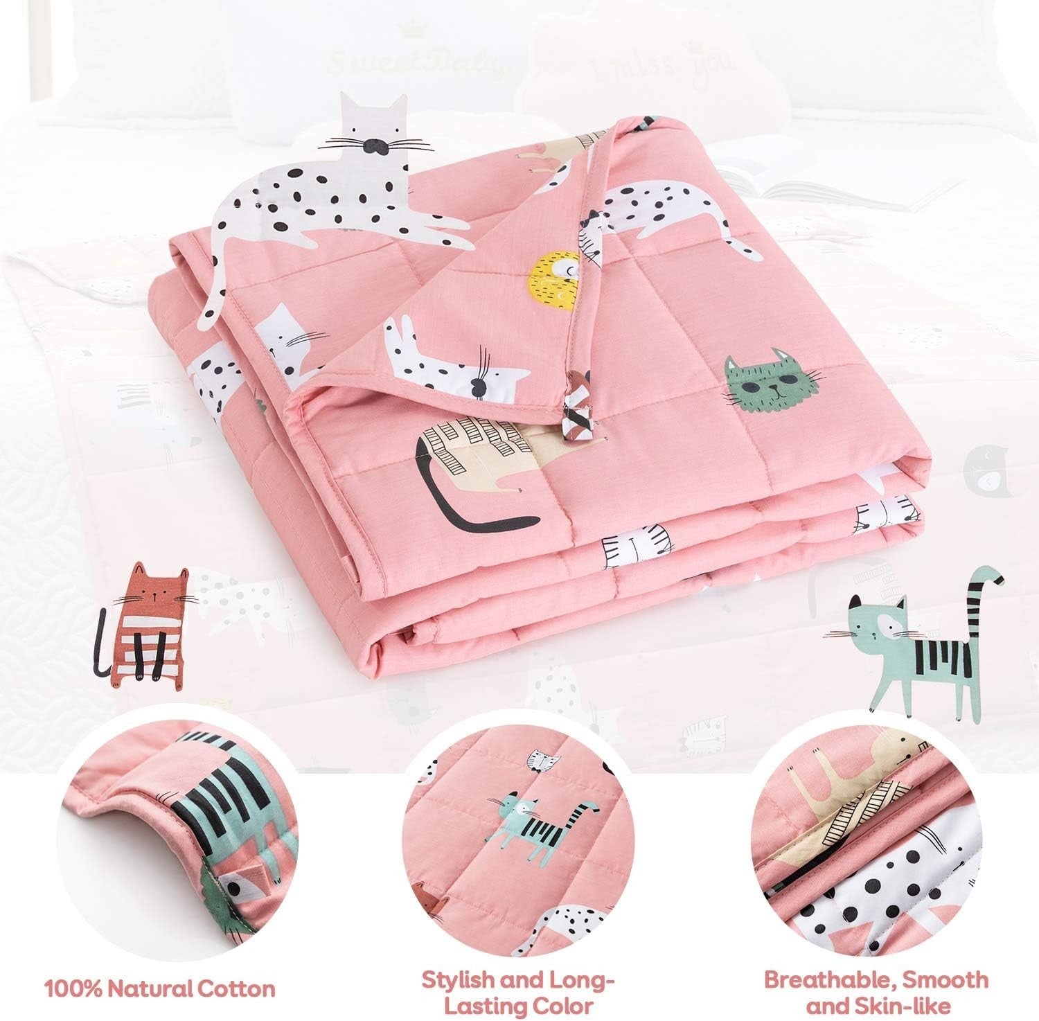 3.2kg Weighted Blanket Pink Cat 105x150cm 100% Cotton for Relaxation and Sleep