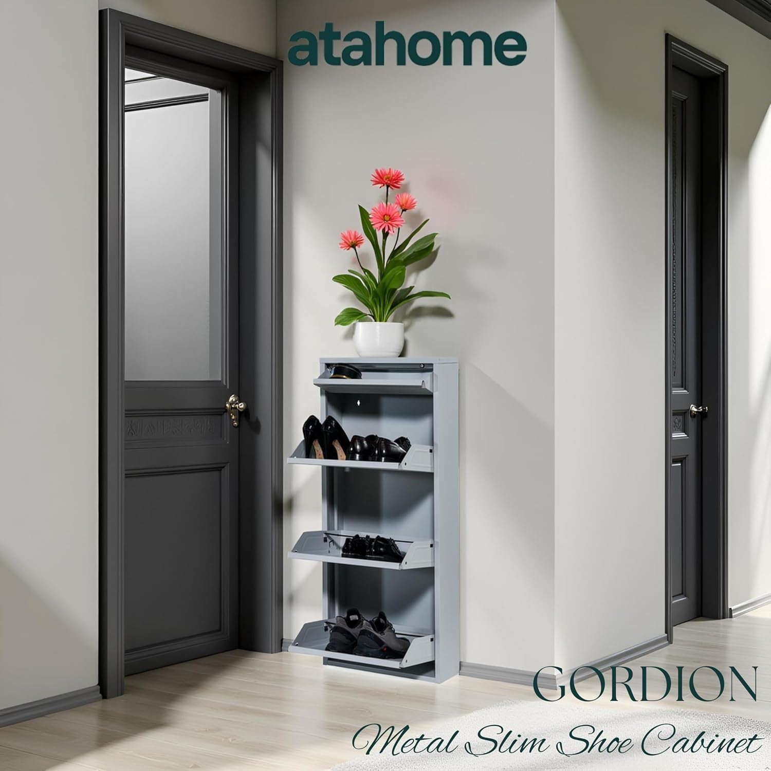 Slim Wall Mounted Shoe Cabinet 3+1 Drawer Metal Storage Organizer Grey 114cm