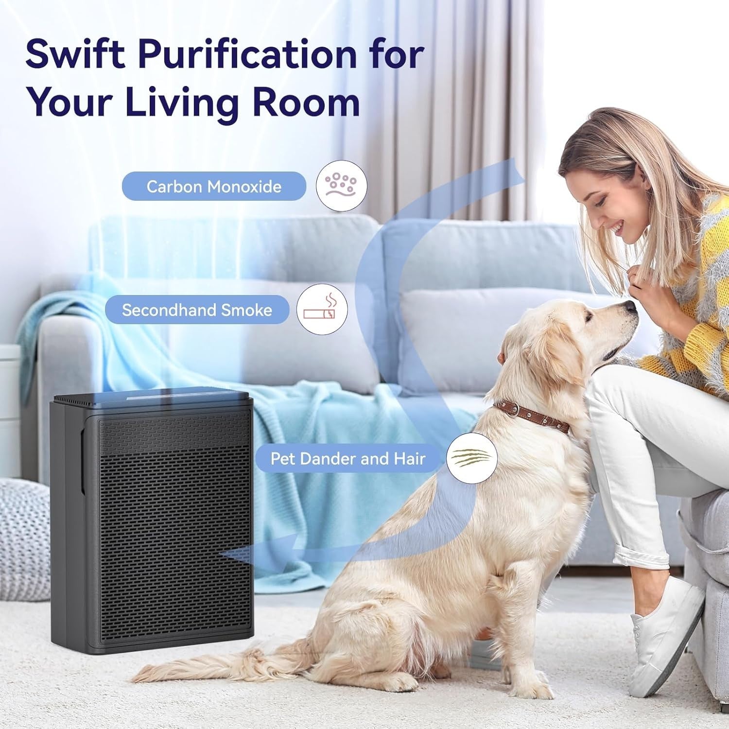 Large Room HEPA Air Purifier Pet Hair Smoke Odor 1500SqFt Quiet