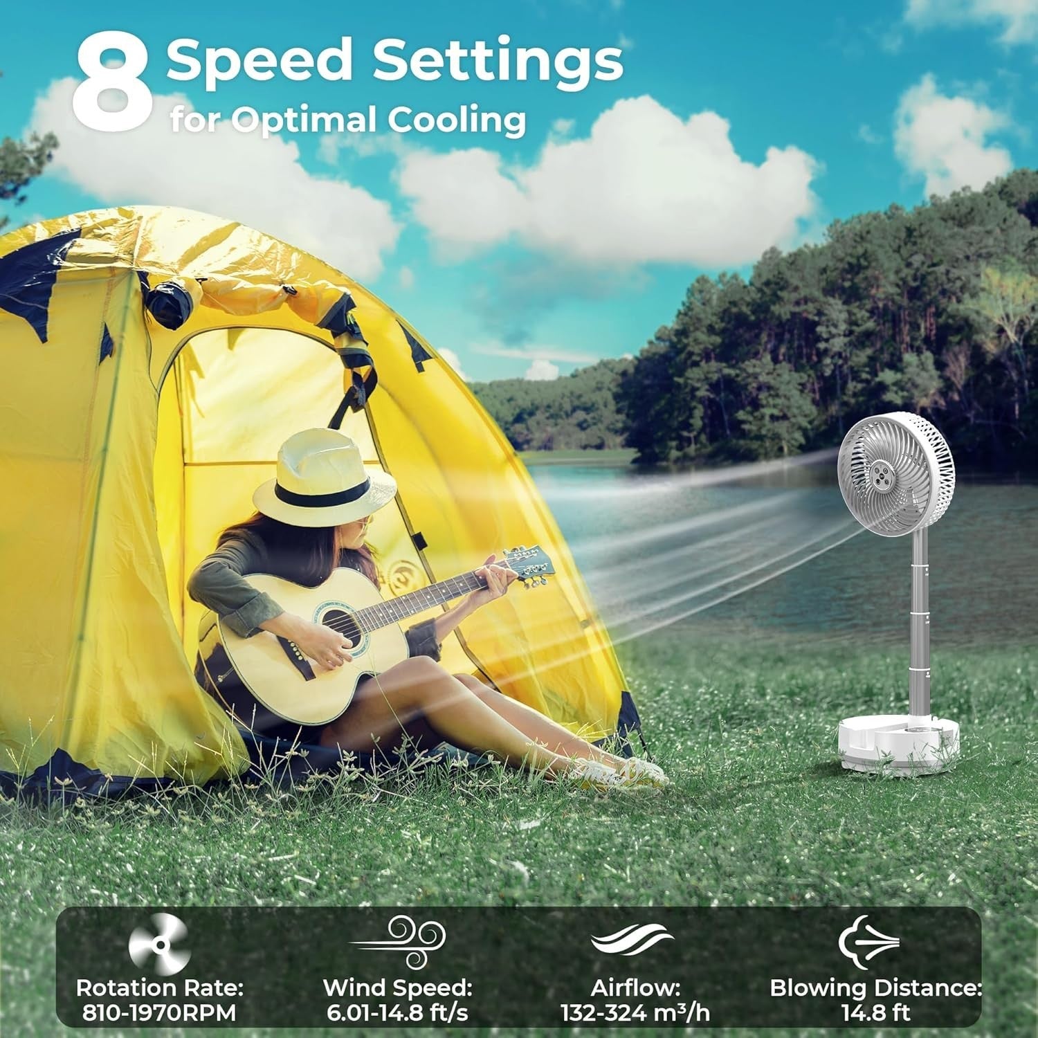 White Camping Fan – 20000mAh Rechargeable 8" Table Fan w/ Light, Timer & Remote
