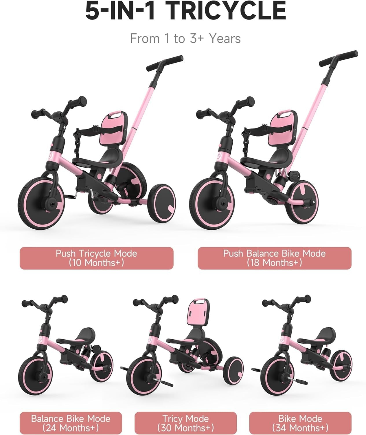5 In 1 Toddler Tricycle Push Handle Safety Belt Balance Bike Kids Trike