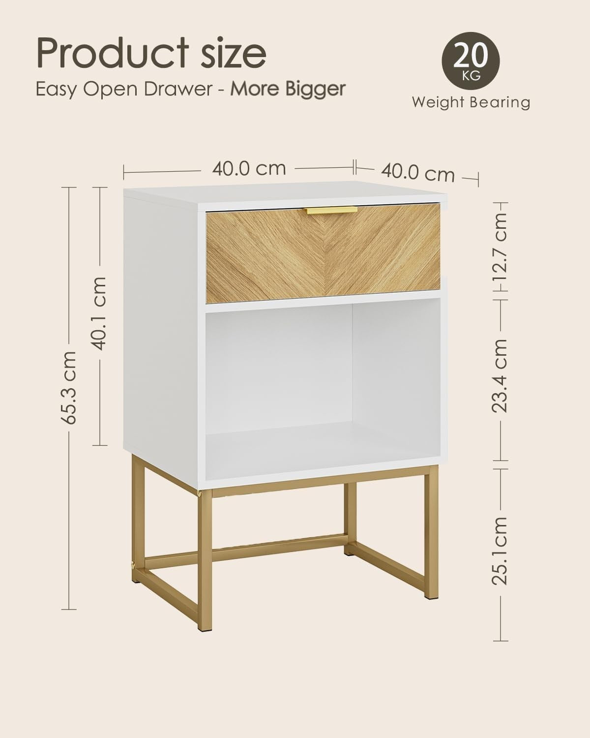 Modern White Bedside Table with Drawer & Shelf – 40x40x65cm Wooden Nightstand