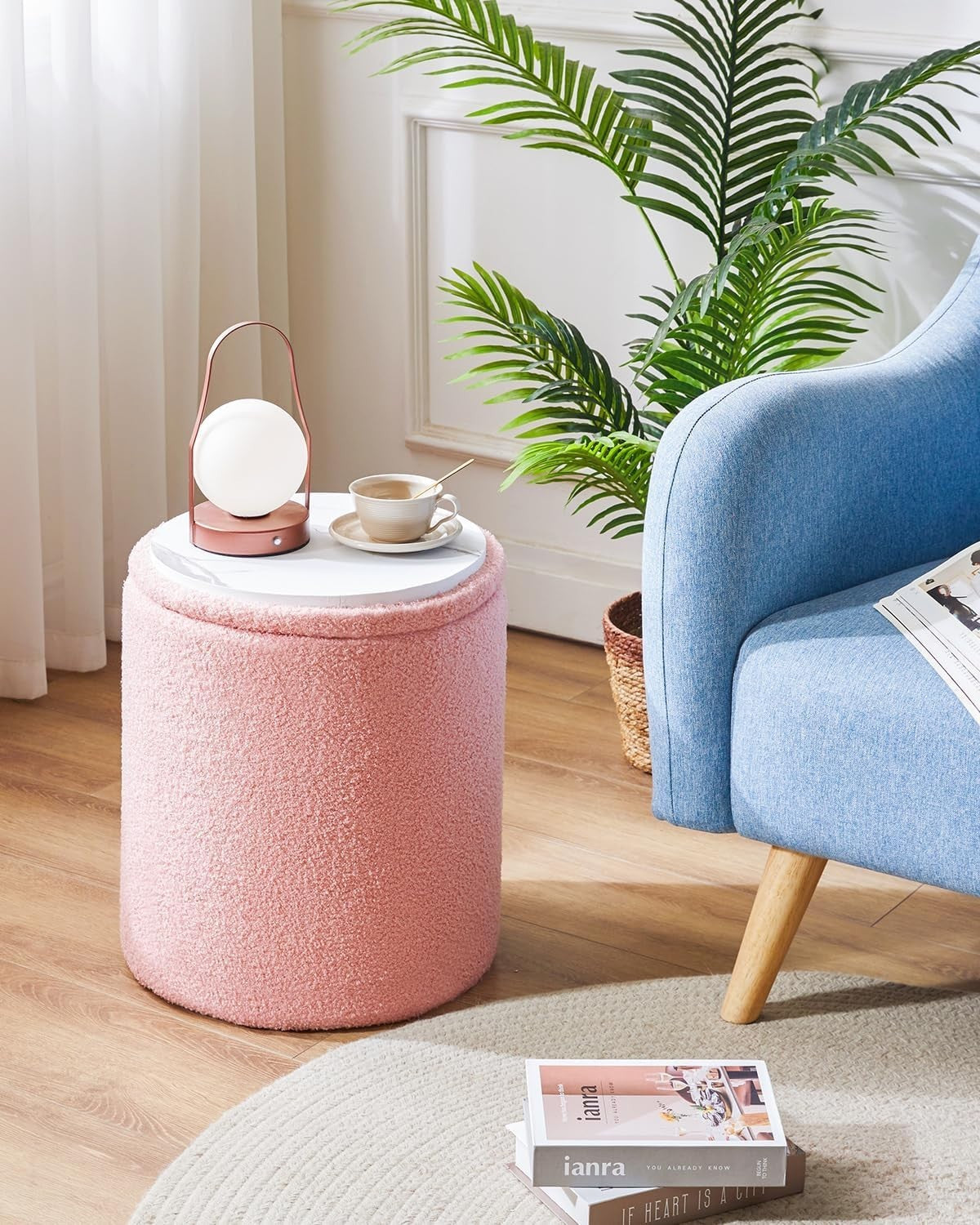 Set of 2 Round Storage Ottomans – Fleece Vanity Stools, Footrest & Side Tables