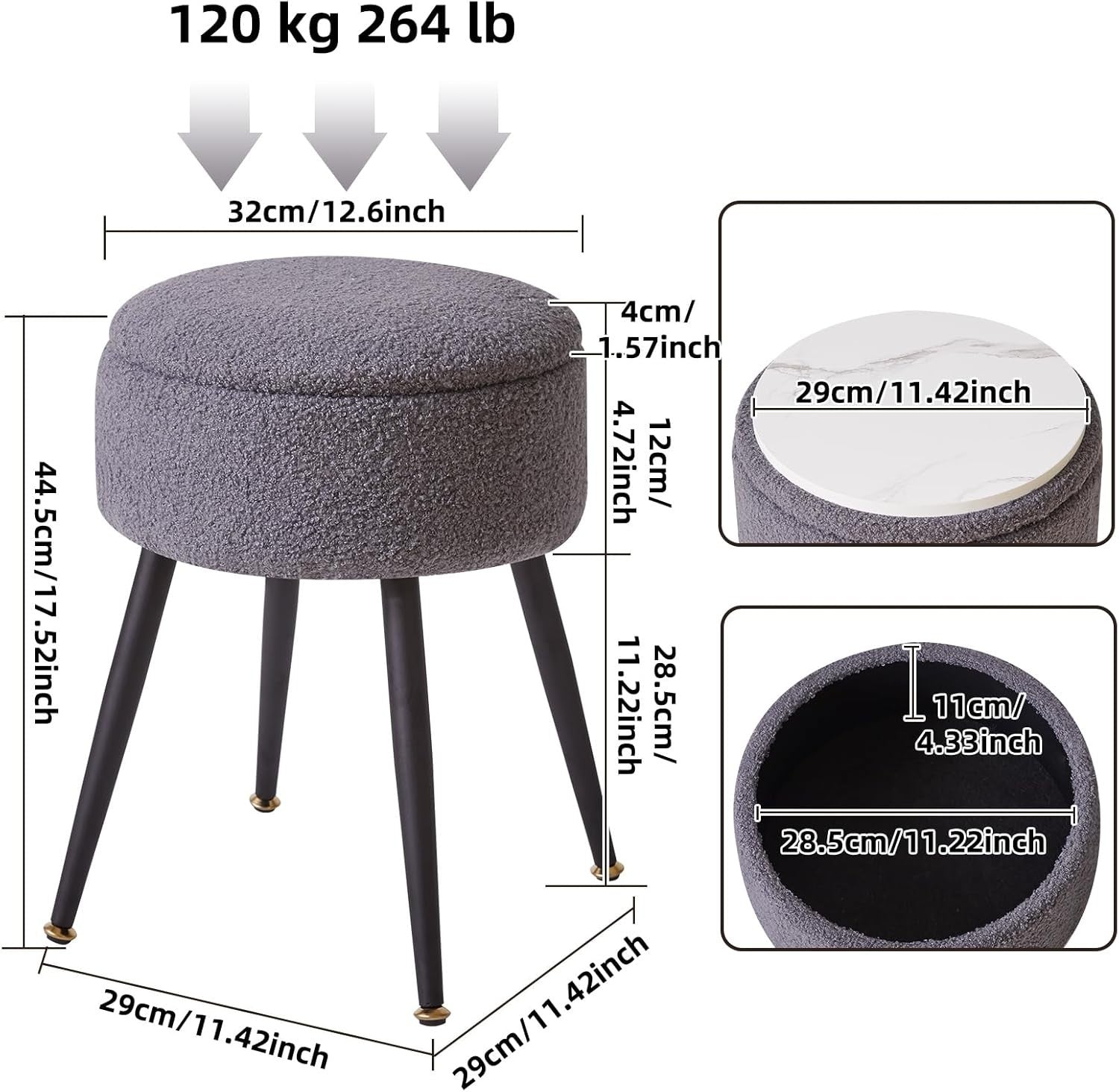 Grey Teddy Fur Vanity Stool with Storage – Round Ottoman Chair with Metal Legs