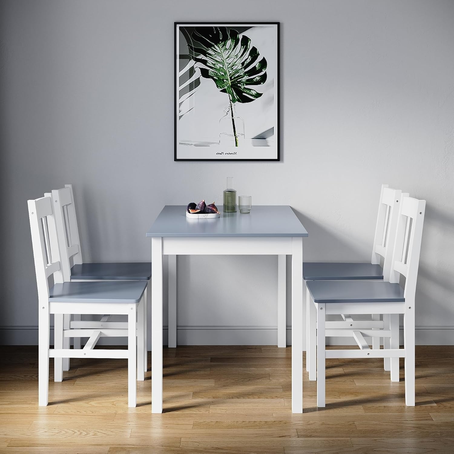 Solid Wooden Dining Table & 4 Chairs Set - Grey, Compact Kitchen Dining