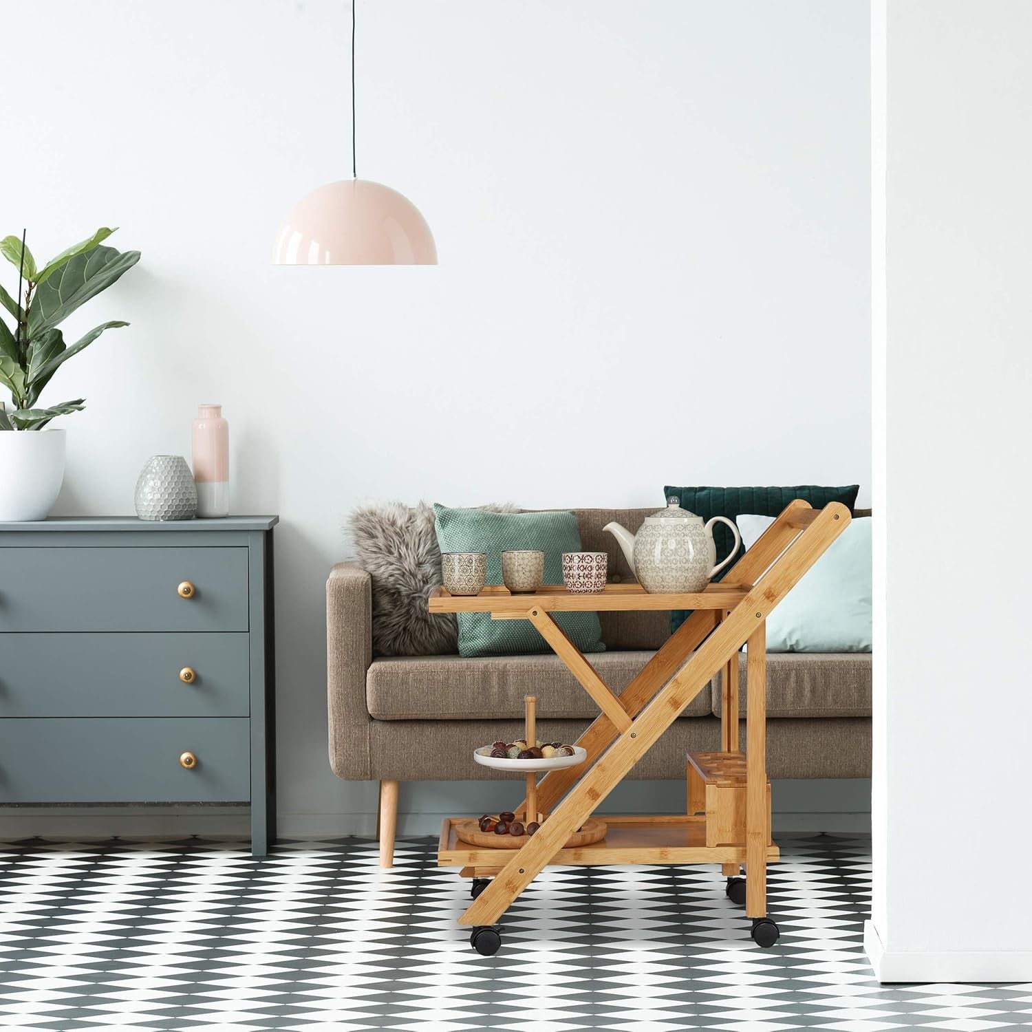 Foldable Bamboo Kitchen Trolley on Wheels Wooden Serving Cart with Bottle Rack