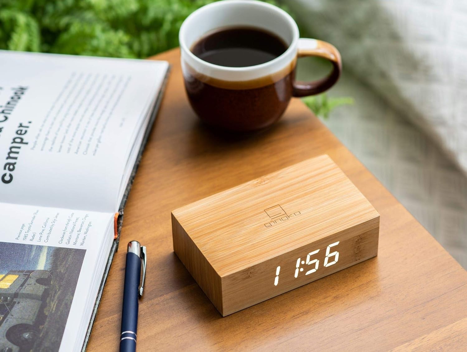 Brown Wood Digital Alarm Clock LED Display Touch Control Minimalist