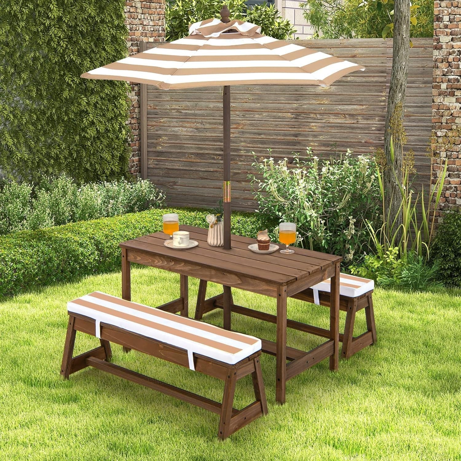 Kids Wooden Picnic Table Set with Cushions & Removable Umbrella, Indoor/Outdoor