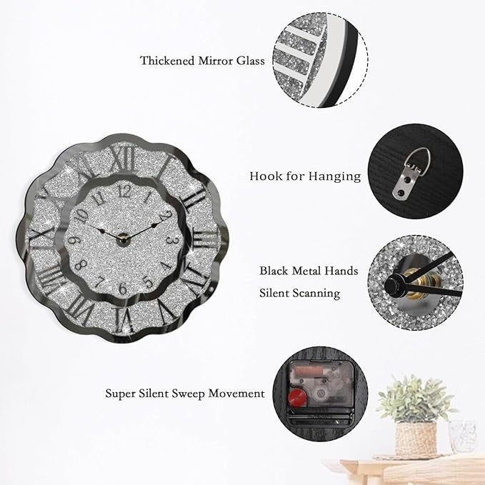 Crushed Diamond Mirror Wall Clock Silver Sparkly Crystal Decor 40cm Luxury