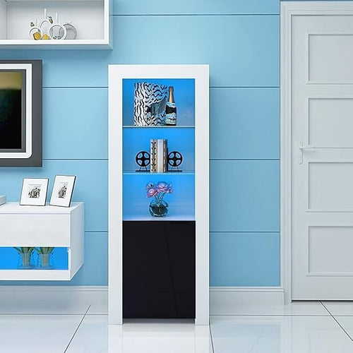 Tall LED Display Cabinet Cupboard with Glass Shelves & Storage Unit – Black