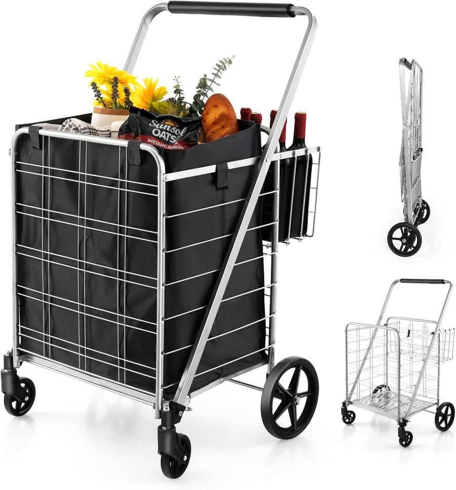 126L Foldable Shopping Trolley Cart – Heavy-Duty Metal, Waterproof, Black+Silver