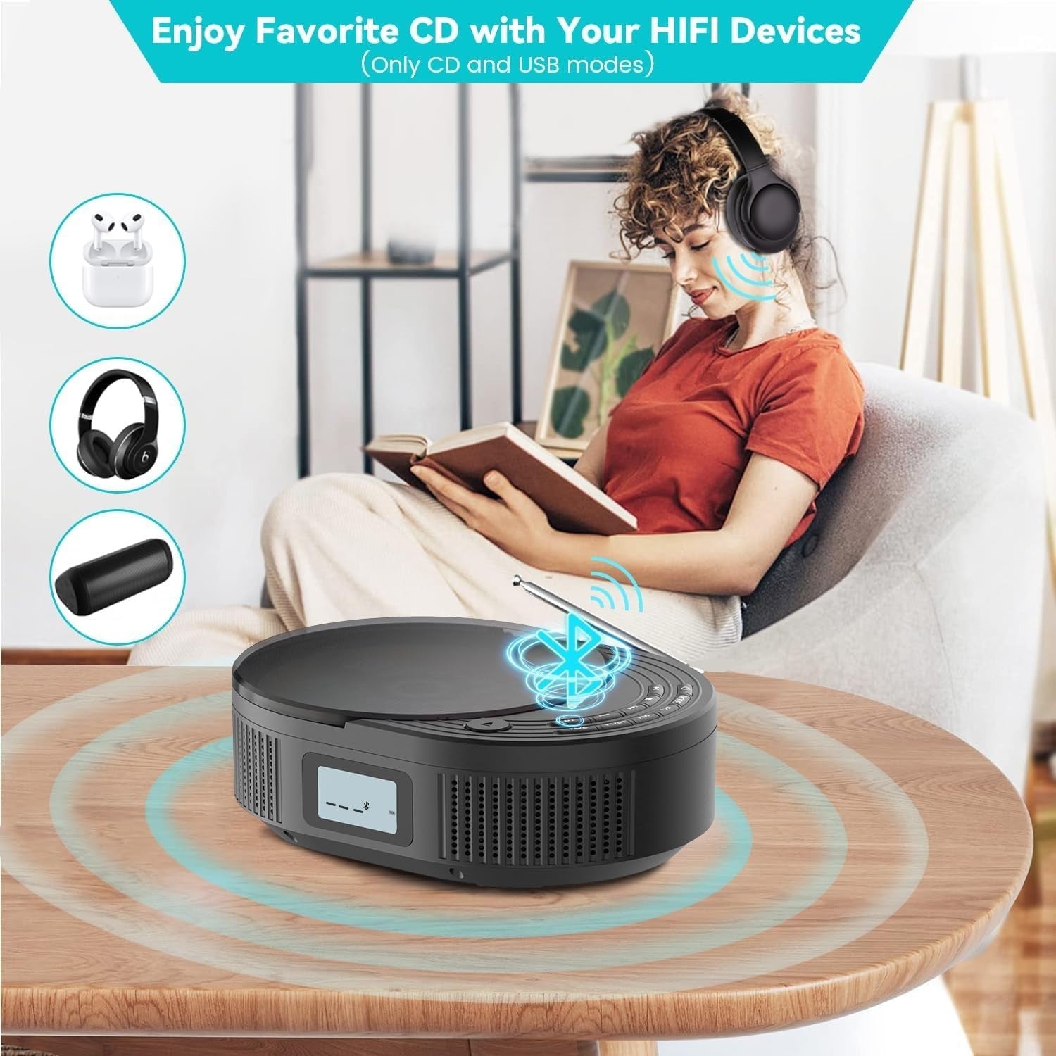 Rechargeable Bluetooth CD Player FM Radio USB AUX Stereo Speakers