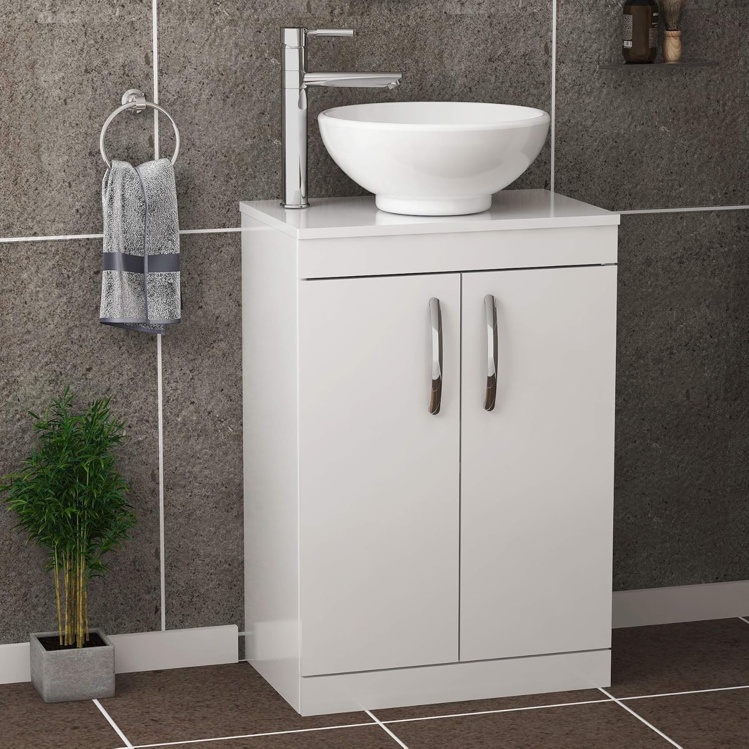 550mm Gloss White Bathroom Vanity Unit with Ceramic Basin 2 Door Sink Cabinet