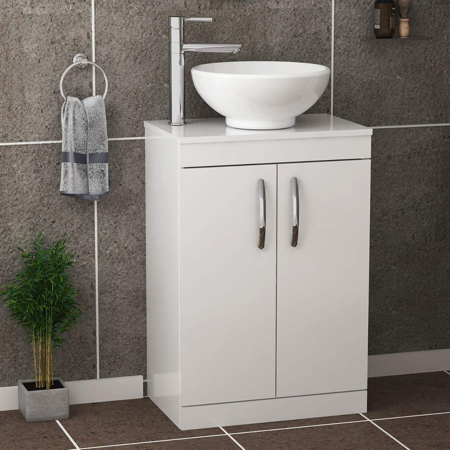 550mm Gloss White Bathroom Vanity Unit with Ceramic Basin 2 Door Sink Cabinet